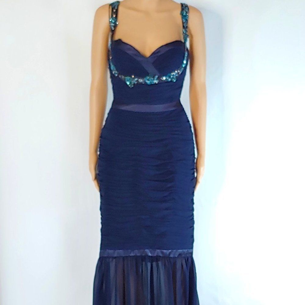 NWT Faviana Mermaid V-Neck Formal Gown in Blue